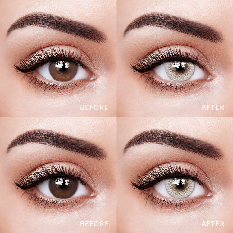 The before and after comparison of wearing Illusion Gray Contact Lenses.
